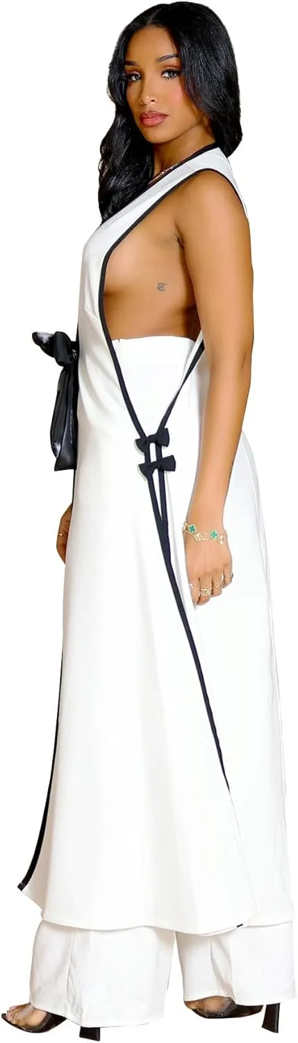 Womens Sleeveless Suit Vest Dress Wide Leg Pants Business Casual Blazer Set Multi Pockets Overalls