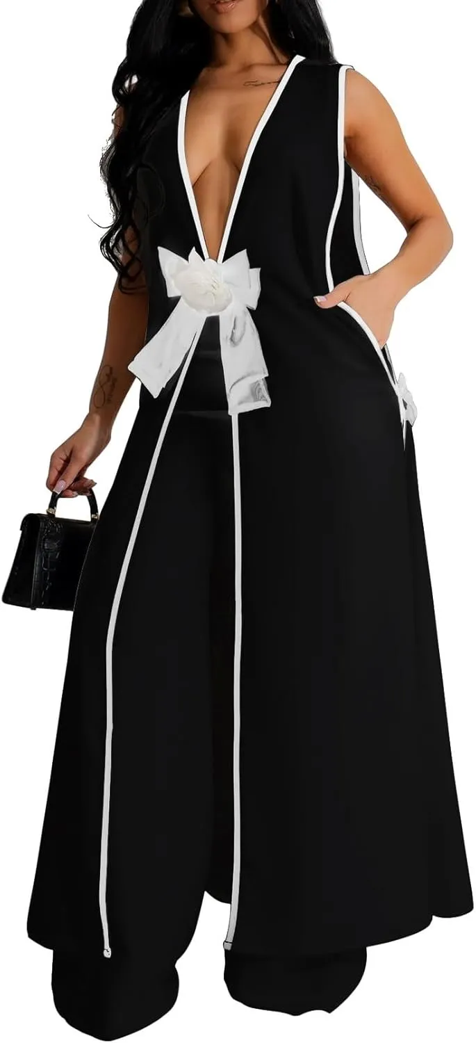 Womens Sleeveless Suit Vest Dress Wide Leg Pants Business Casual Blazer Set Multi Pockets Overalls