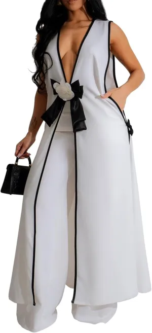 Womens Sleeveless Suit Vest Dress Wide Leg Pants Business Casual Blazer Set Multi Pockets Overalls
