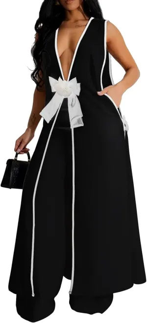 Womens Sleeveless Suit Vest Dress Wide Leg Pants Business Casual Blazer Set Multi Pockets Overalls