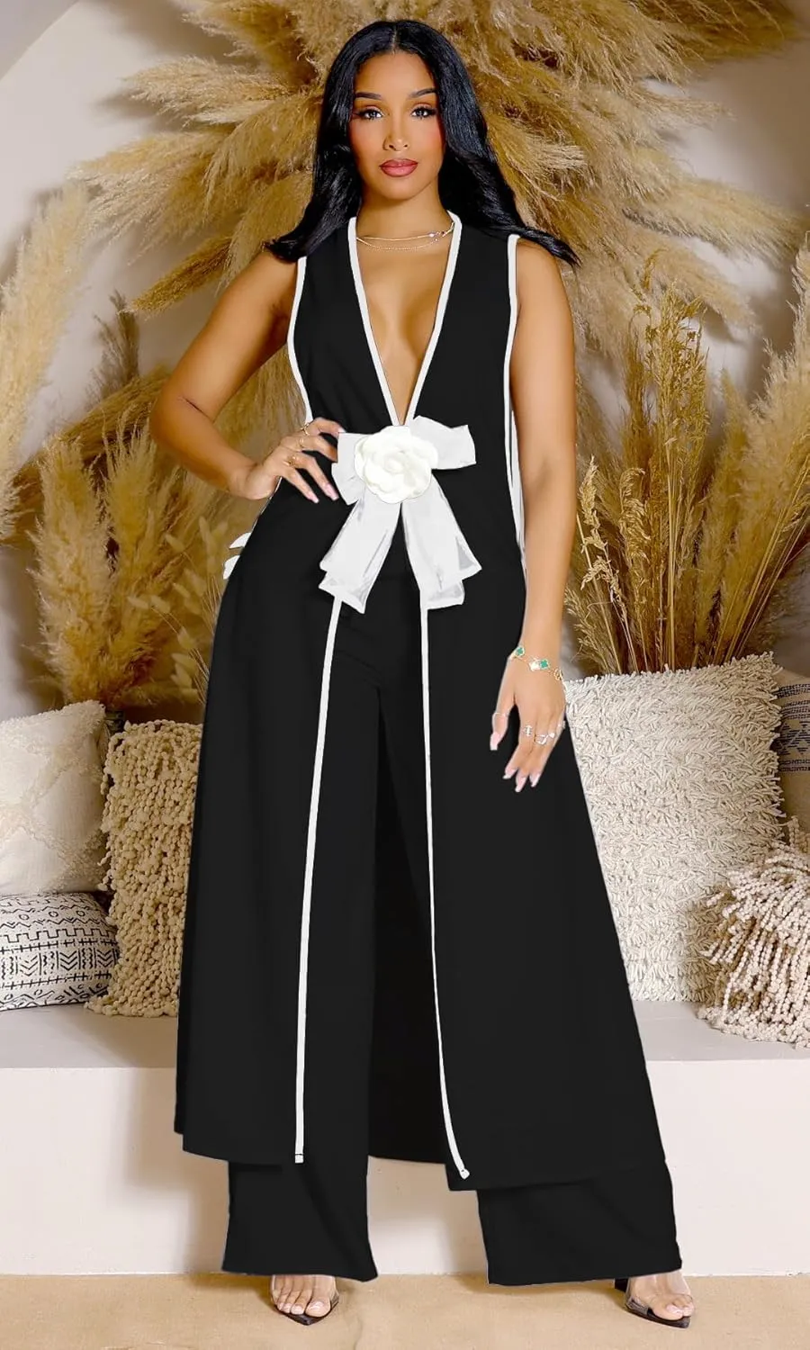 Womens Sleeveless Suit Vest Dress Wide Leg Pants Business Casual Blazer Set Multi Pockets Overalls