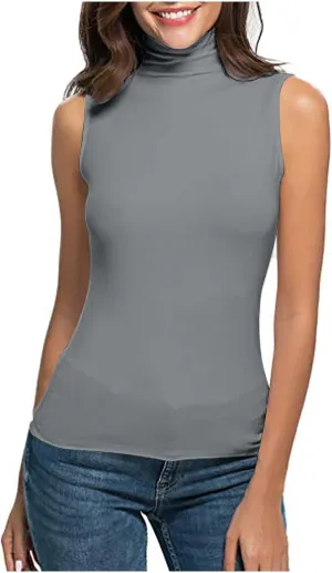 Womens Sleeveless Turtleneck Tops Plus Size Mock High Neck Tank Tops 2025 Slim Fitted Undershirt Basic Ladies Tee