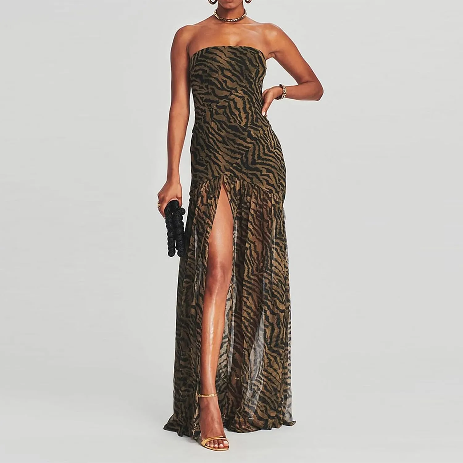 Womens Strapless Maxi Dress Slim High Slit Mesh Long Dress Sexy Party Club Night Out Dress 2024 Summer Vacation