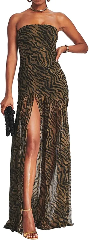 Womens Strapless Maxi Dress Slim High Slit Mesh Long Dress Sexy Party Club Night Out Dress 2024 Summer Vacation