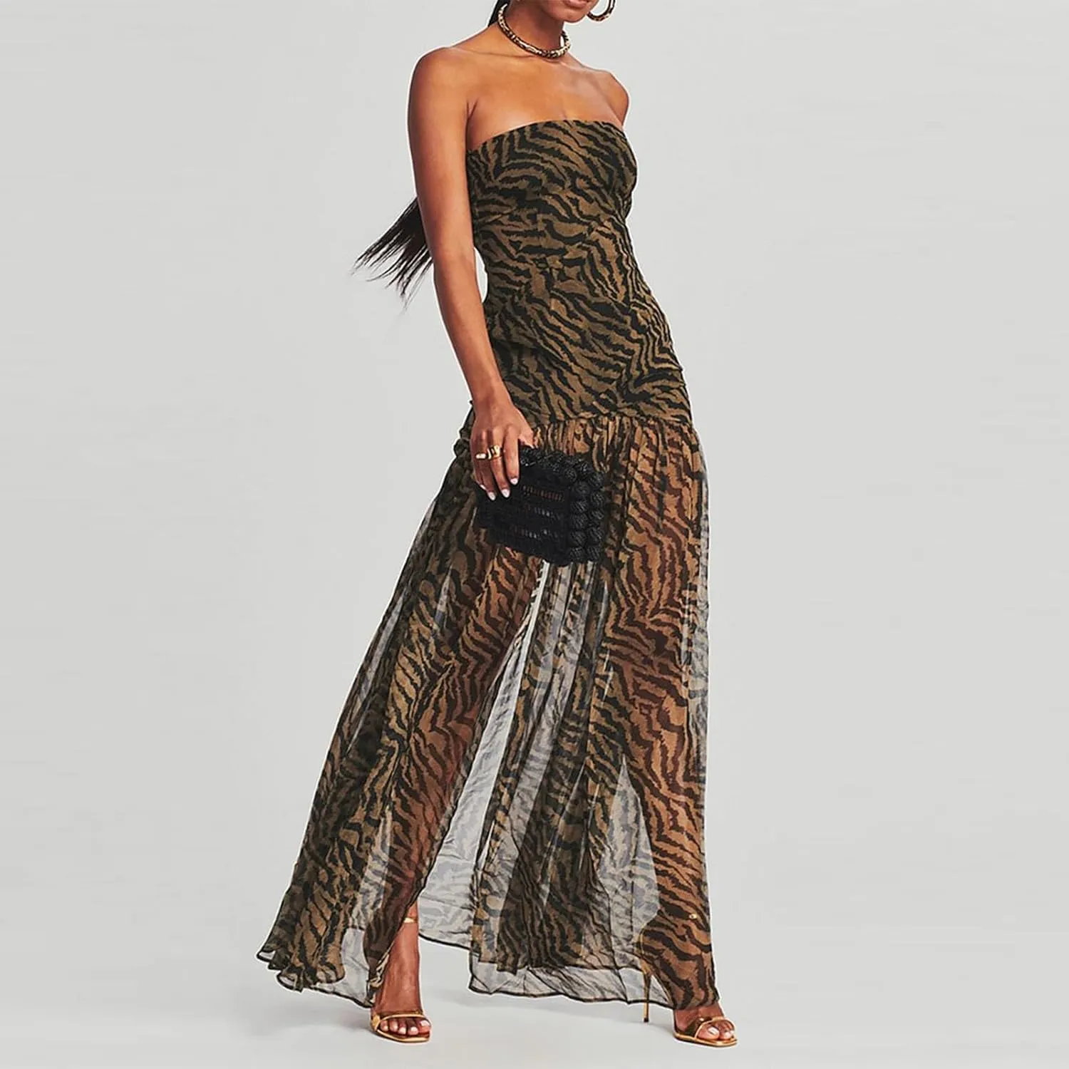 Womens Strapless Maxi Dress Slim High Slit Mesh Long Dress Sexy Party Club Night Out Dress 2024 Summer Vacation