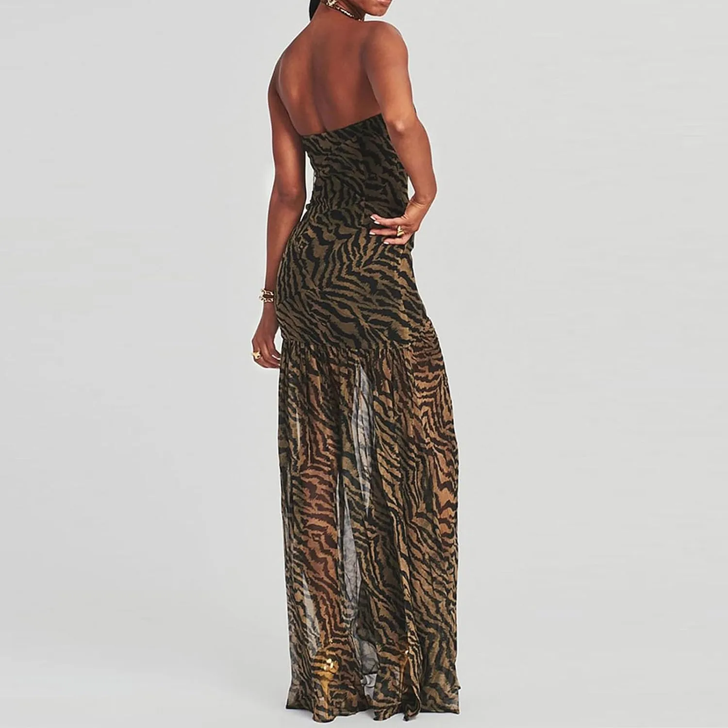 Womens Strapless Maxi Dress Slim High Slit Mesh Long Dress Sexy Party Club Night Out Dress 2024 Summer Vacation