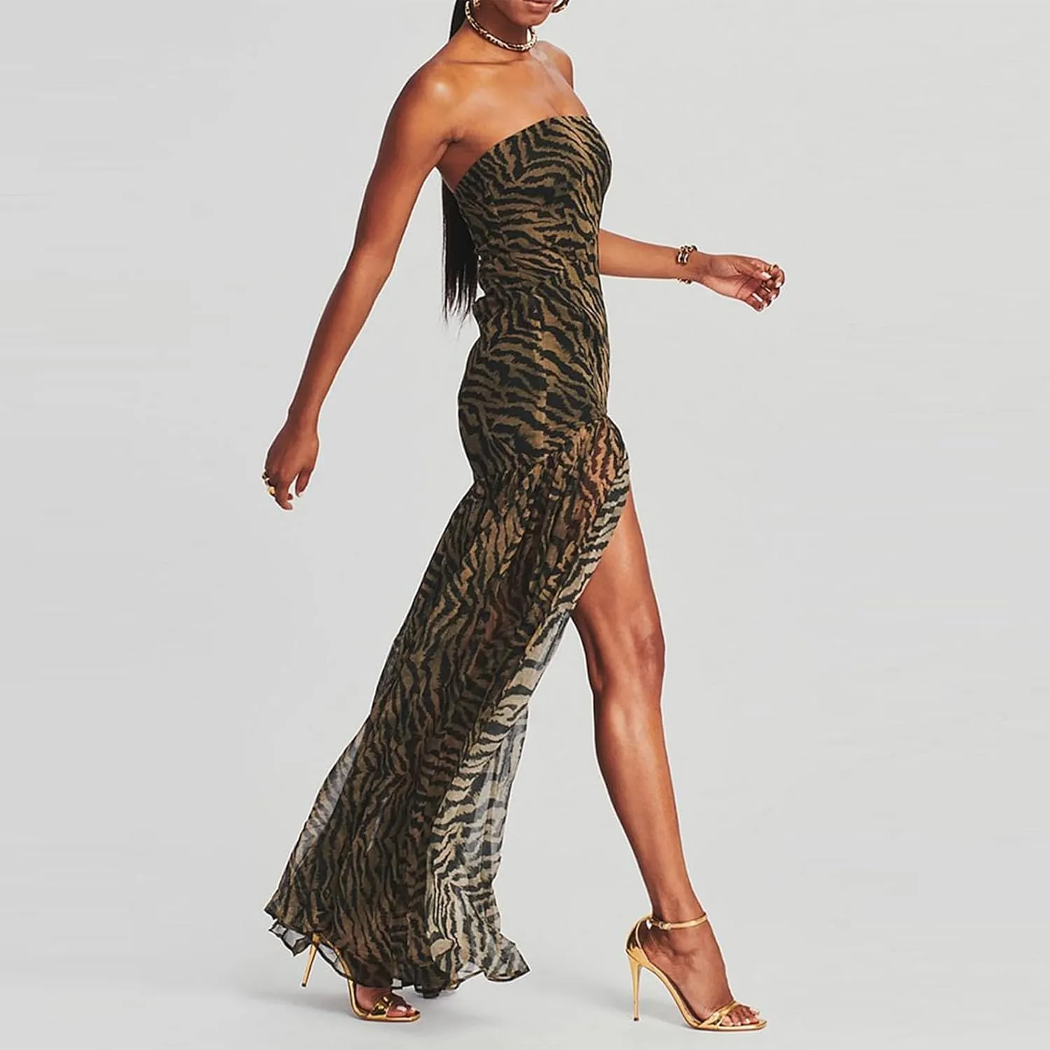Womens Strapless Maxi Dress Slim High Slit Mesh Long Dress Sexy Party Club Night Out Dress 2024 Summer Vacation