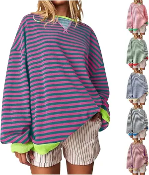 Women's Striped Long Sleeved Shirts Loose Casual Sweatshirts Round Neck Pullover Tops Blouses Fall Fashion Clothes