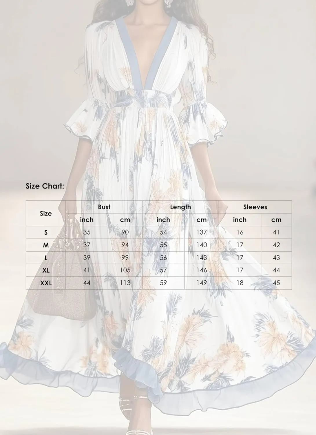 Womens Stunning Floral Print V-Neck Maxi Dress Sophisticated Trendy Ruffle 3/4 Sleeve Blue Mesh Edge Dresses
