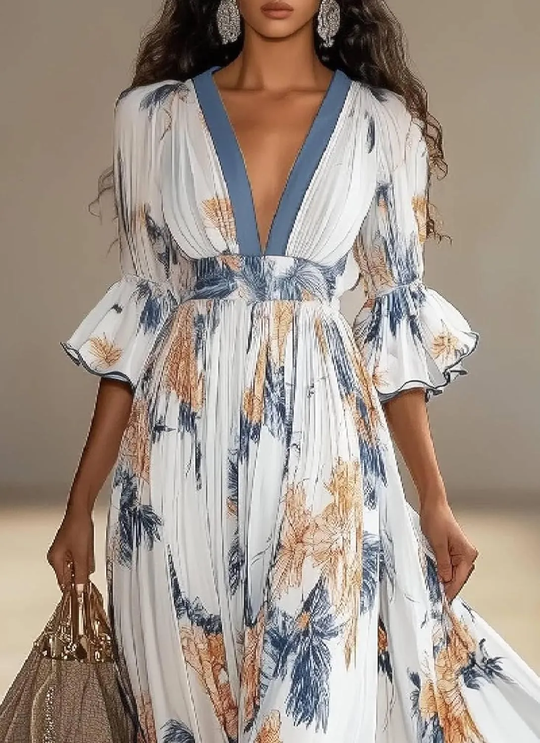 Womens Stunning Floral Print V-Neck Maxi Dress Sophisticated Trendy Ruffle 3/4 Sleeve Blue Mesh Edge Dresses