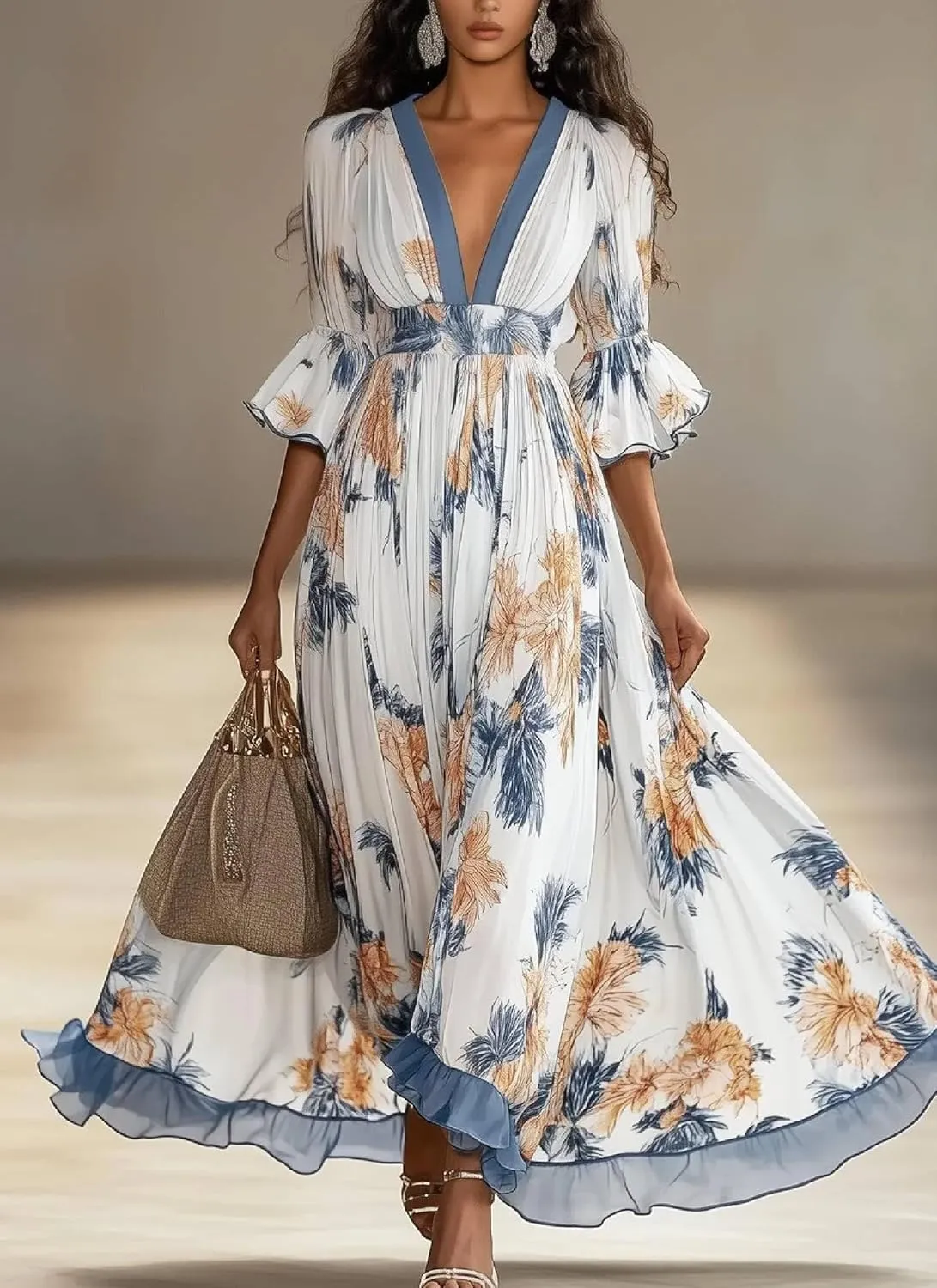 Womens Stunning Floral Print V-Neck Maxi Dress Sophisticated Trendy Ruffle 3/4 Sleeve Blue Mesh Edge Dresses