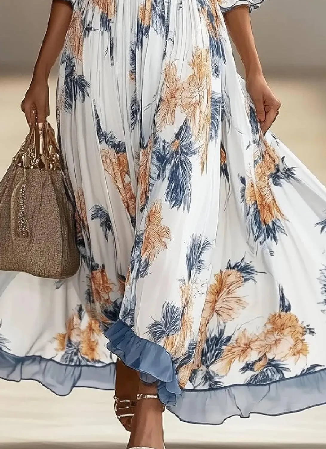 Womens Stunning Floral Print V-Neck Maxi Dress Sophisticated Trendy Ruffle 3/4 Sleeve Blue Mesh Edge Dresses