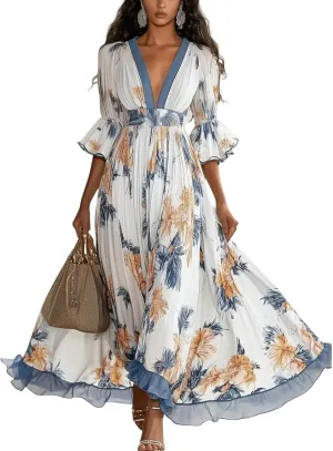 Womens Stunning Floral Print V-Neck Maxi Dress Sophisticated Trendy Ruffle 3/4 Sleeve Blue Mesh Edge Dresses