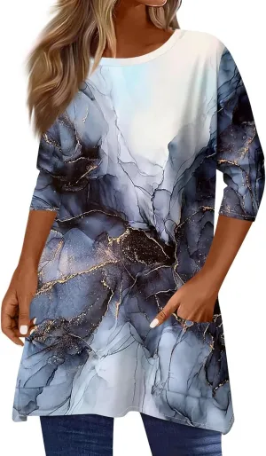 Womens Summer 3/4 Length Sleeve Tunic Tops Trendy Plus Size Flowy Long Sleeve Shirts Casual Elegant Floral Blouses