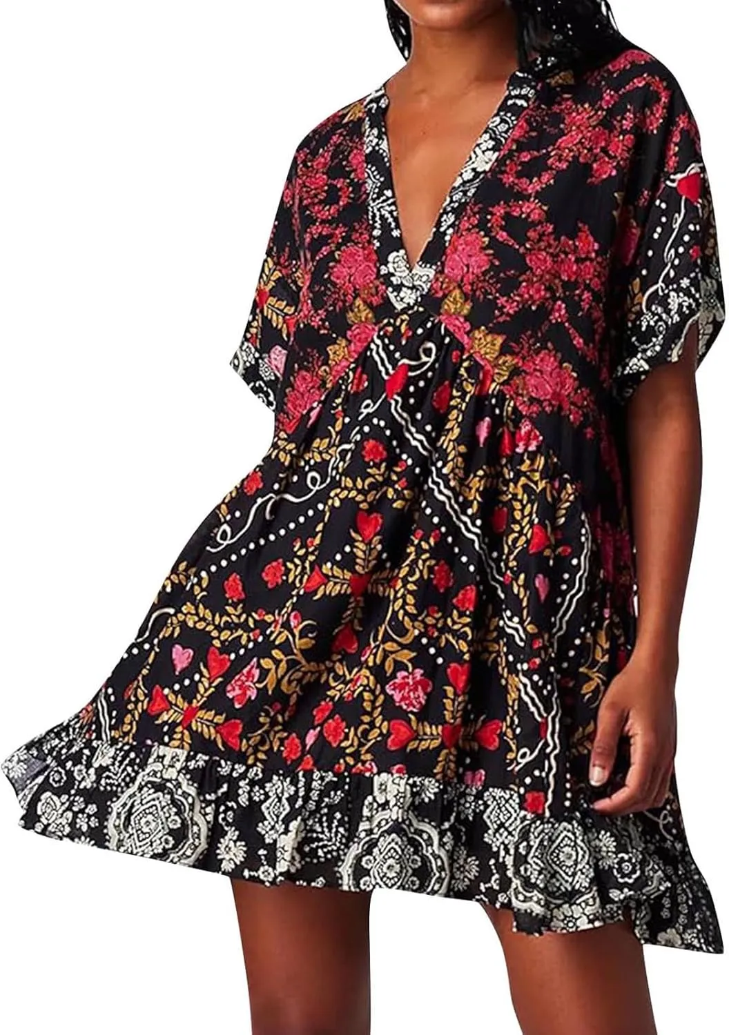 Womens Summer Bohemian Ruffles Mini Dresses Loose Short Sleeve V Neck Cute Printed Swing Baech Vacation Dress with Pockets