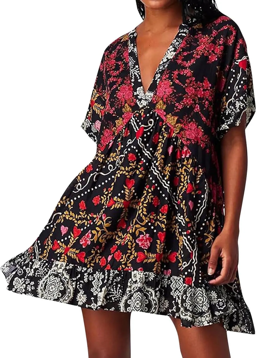 Womens Summer Bohemian Ruffles Mini Dresses Loose Short Sleeve V Neck Cute Printed Swing Baech Vacation Dress with Pockets