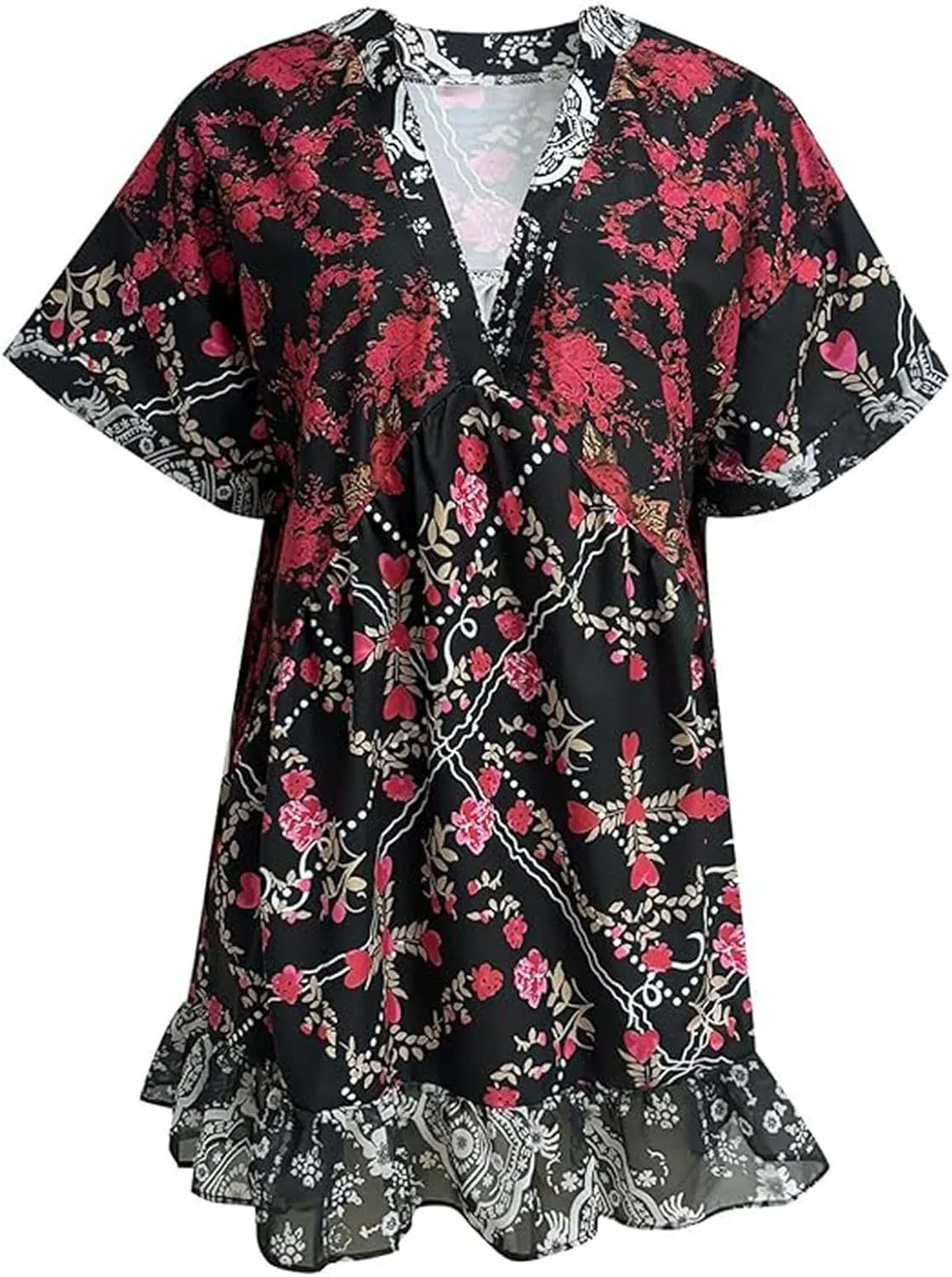Womens Summer Bohemian Ruffles Mini Dresses Loose Short Sleeve V Neck Cute Printed Swing Baech Vacation Dress with Pockets