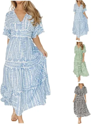 Women's Summer Casual Dress Floral Boho Short Sleeve V Neck Midi Dress Flowy Swing Ruffle Wrap Maxi Sundress