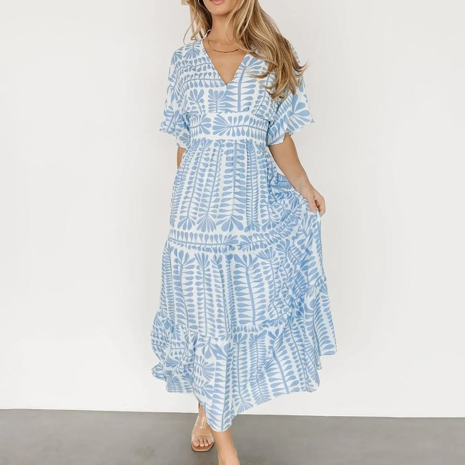 Women's Summer Casual Dress Floral Boho Short Sleeve V Neck Midi Dress Flowy Swing Ruffle Wrap Maxi Sundress