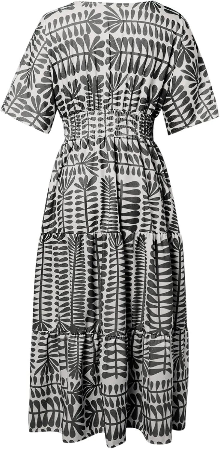 Women's Summer Casual Dress Floral Boho Short Sleeve V Neck Midi Dress Flowy Swing Ruffle Wrap Maxi Sundress