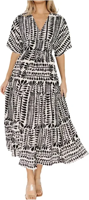 Women's Summer Casual Dress Floral Boho Short Sleeve V Neck Midi Dress Flowy Swing Ruffle Wrap Maxi Sundress