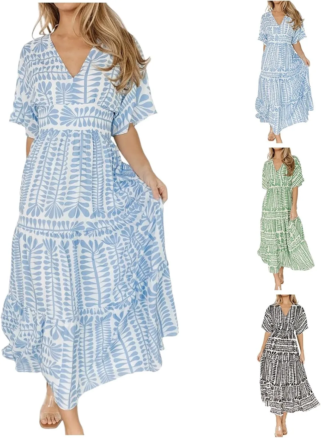 Women's Summer Casual Dress Floral Boho Short Sleeve V Neck Midi Dress Flowy Swing Ruffle Wrap Maxi Sundress