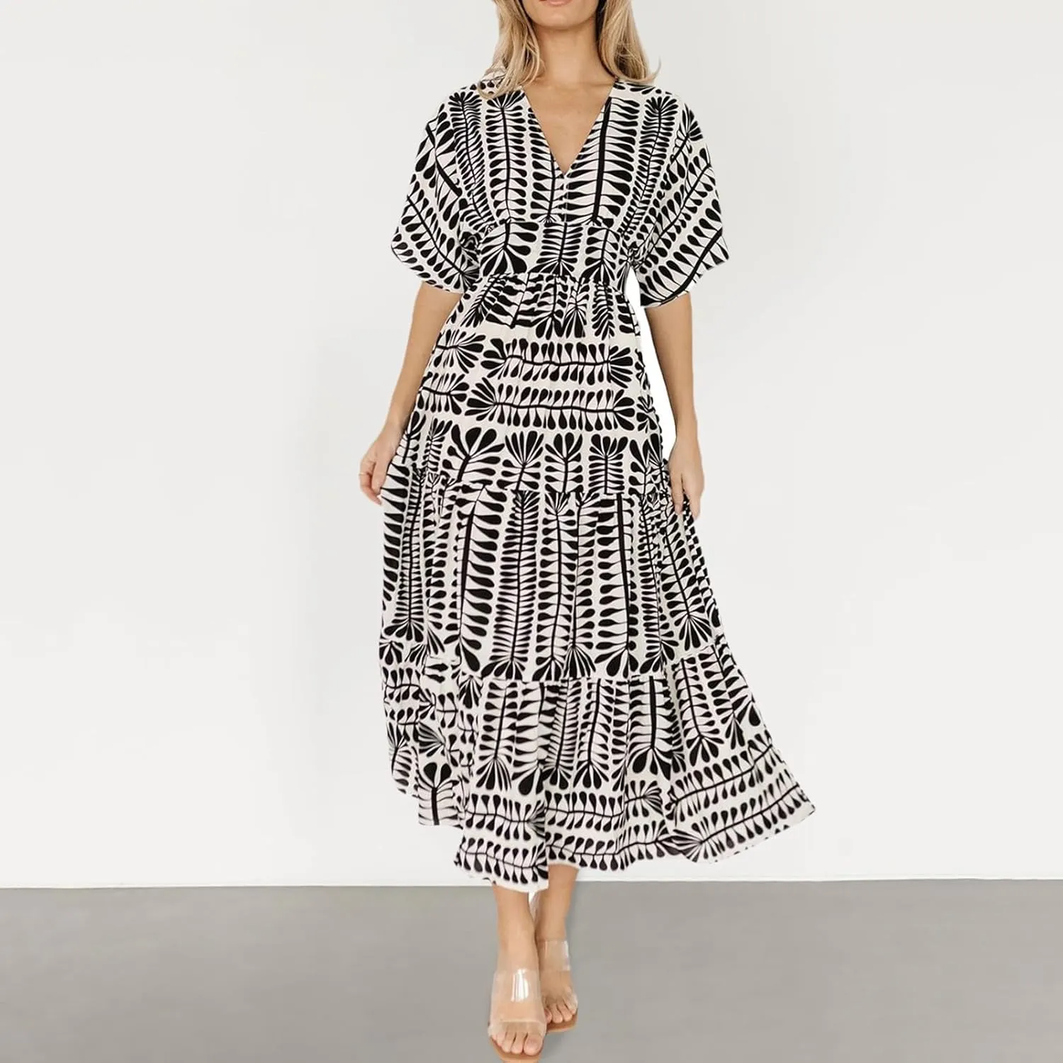Women's Summer Casual Dress Floral Boho Short Sleeve V Neck Midi Dress Flowy Swing Ruffle Wrap Maxi Sundress