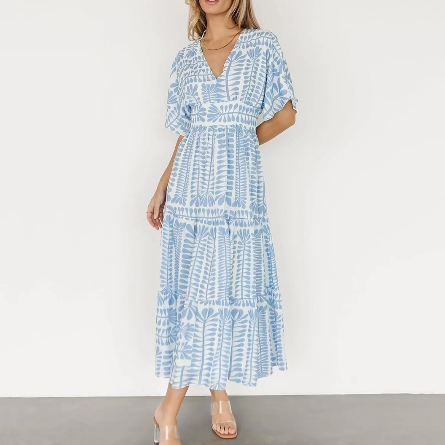 Women's Summer Casual Dress Floral Boho Short Sleeve V Neck Midi Dress Flowy Swing Ruffle Wrap Maxi Sundress