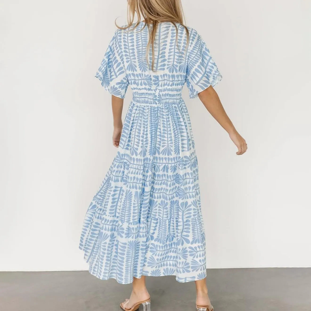 Women's Summer Casual Dress Floral Boho Short Sleeve V Neck Midi Dress Flowy Swing Ruffle Wrap Maxi Sundress