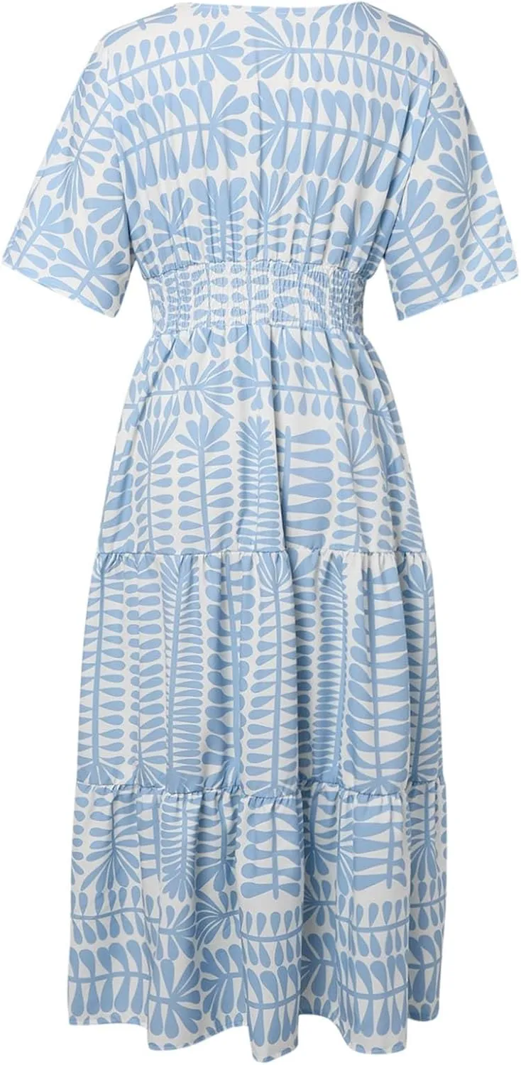Women's Summer Casual Dress Floral Boho Short Sleeve V Neck Midi Dress Flowy Swing Ruffle Wrap Maxi Sundress