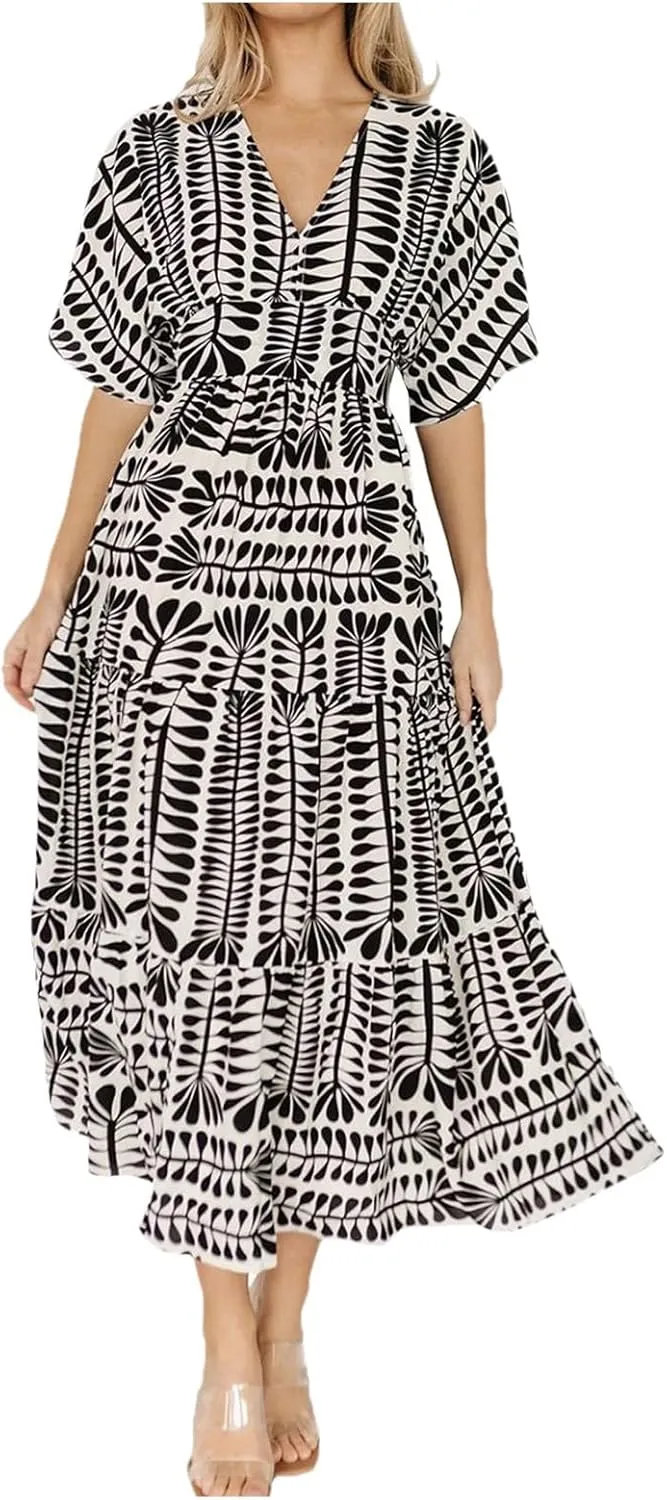 Women's Summer Casual Dress Floral Boho Short Sleeve V Neck Midi Dress Flowy Swing Ruffle Wrap Maxi Sundress