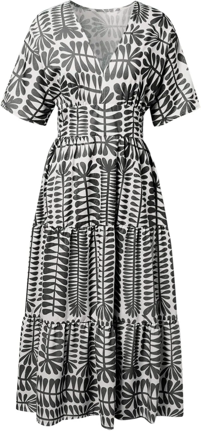 Women's Summer Casual Dress Floral Boho Short Sleeve V Neck Midi Dress Flowy Swing Ruffle Wrap Maxi Sundress