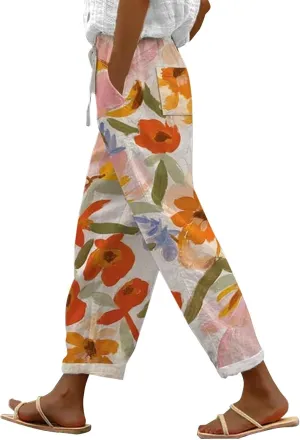 Women's Summer Casual Linen Pants Linen Elastic Seven Pants Beach Casual Pants Linen Petite Linen Pants for Women