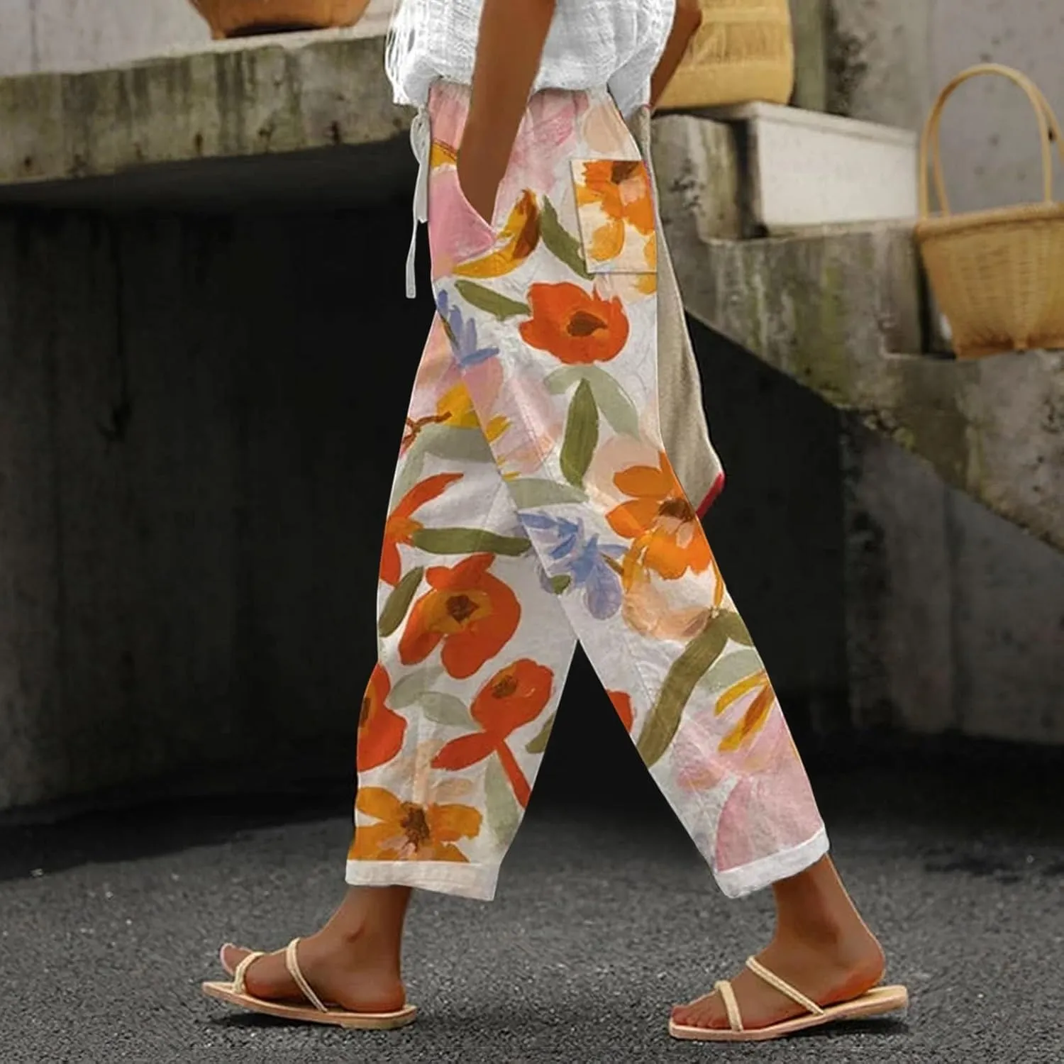 Women's Summer Casual Linen Pants Linen Elastic Seven Pants Beach Casual Pants Linen Petite Linen Pants for Women