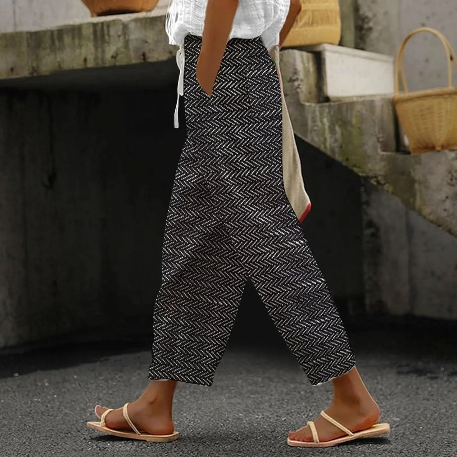 Women's Summer Casual Linen Pants Linen Elastic Seven Pants Beach Casual Pants Linen Petite Linen Pants for Women