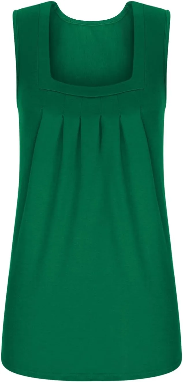 Womens Summer Casual Tank Tops Sleeveless Comfy Tees Shirts Fashion Square Neck Pleated Flowy Tunic Blouses