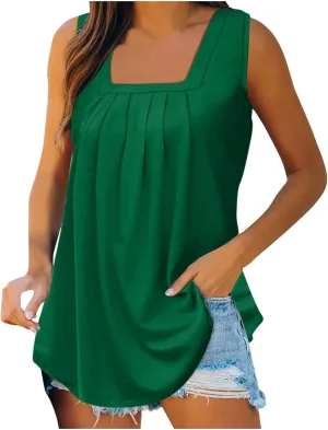 Womens Summer Casual Tank Tops Sleeveless Comfy Tees Shirts Fashion Square Neck Pleated Flowy Tunic Blouses