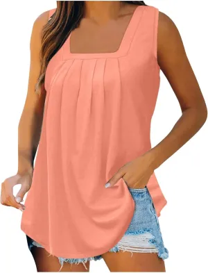 Womens Summer Casual Tank Tops Sleeveless Comfy Tees Shirts Fashion Square Neck Pleated Flowy Tunic Blouses