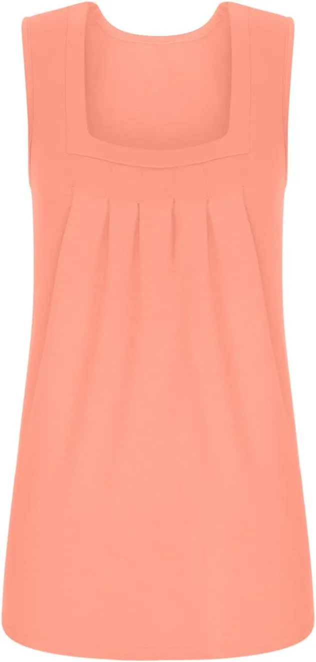 Womens Summer Casual Tank Tops Sleeveless Comfy Tees Shirts Fashion Square Neck Pleated Flowy Tunic Blouses