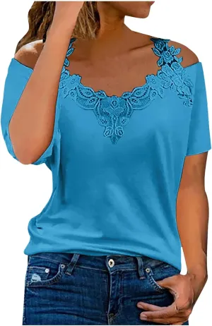 Womens Summer Cold Shoulder Tops Sexy Lace Crochet Strappy T Shirts V Neck Plus Size Tunic Casual Off Shoulder Blouse