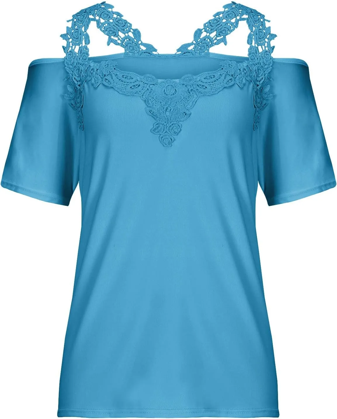 Womens Summer Cold Shoulder Tops Sexy Lace Crochet Strappy T Shirts V Neck Plus Size Tunic Casual Off Shoulder Blouse