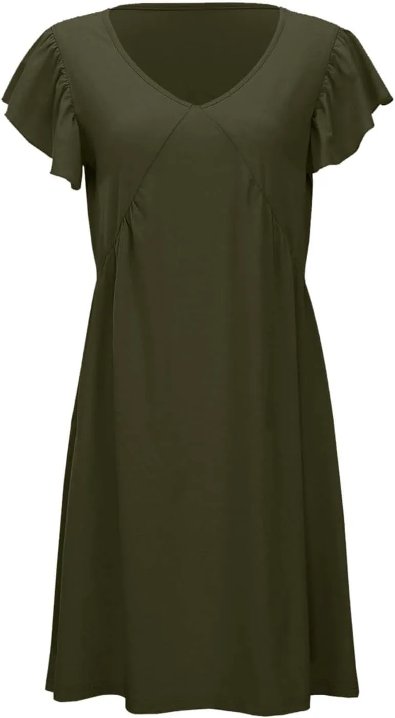 Women's Summer Dresses 2025 Beach Casual Deep V Neck Loose Sundress Ruffle Sleeve Mini Dress
