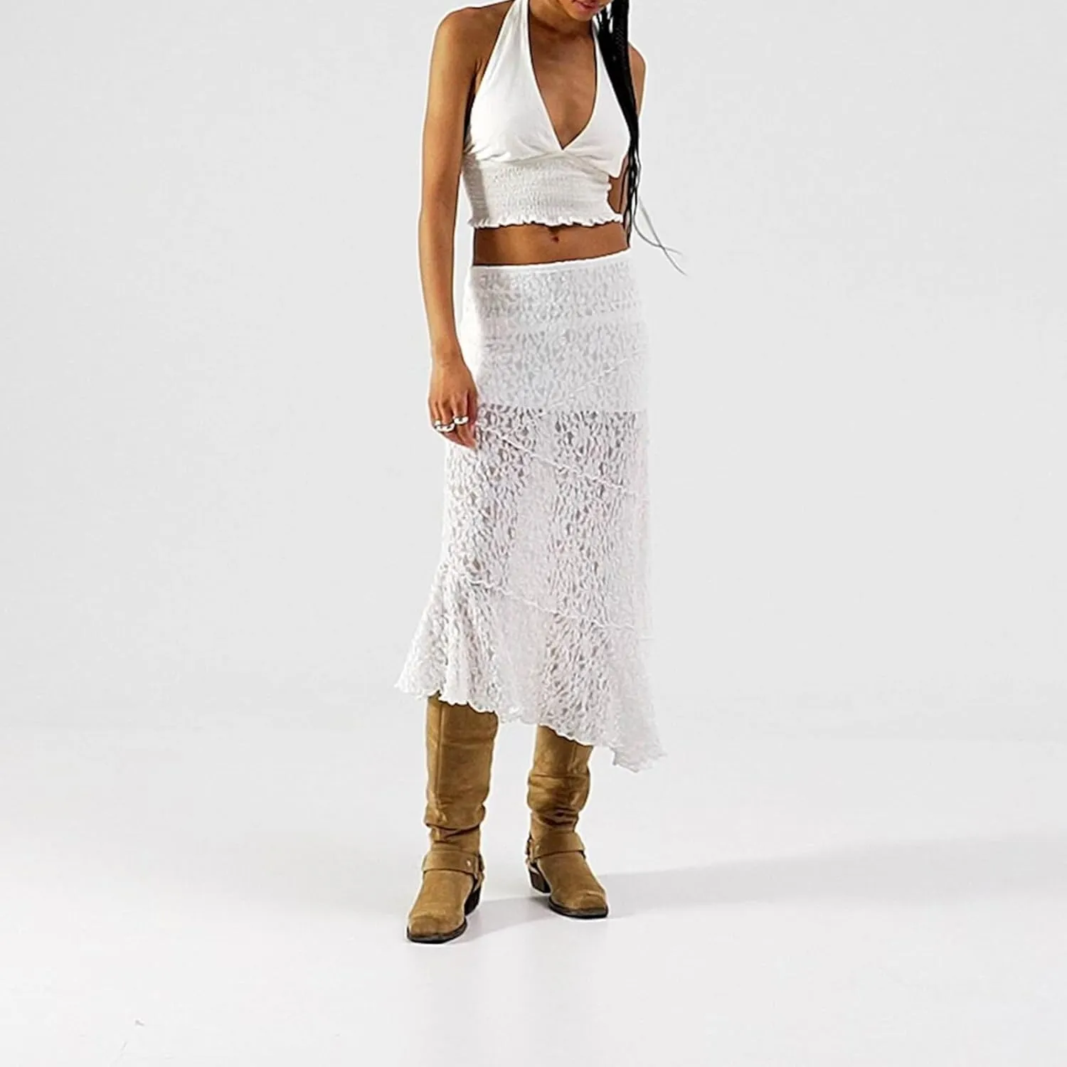Womens Summer Lace Maxi Skirt Elastic Waist See Through Asymmetric Hem Beach Cover Up Floral Long Skirt