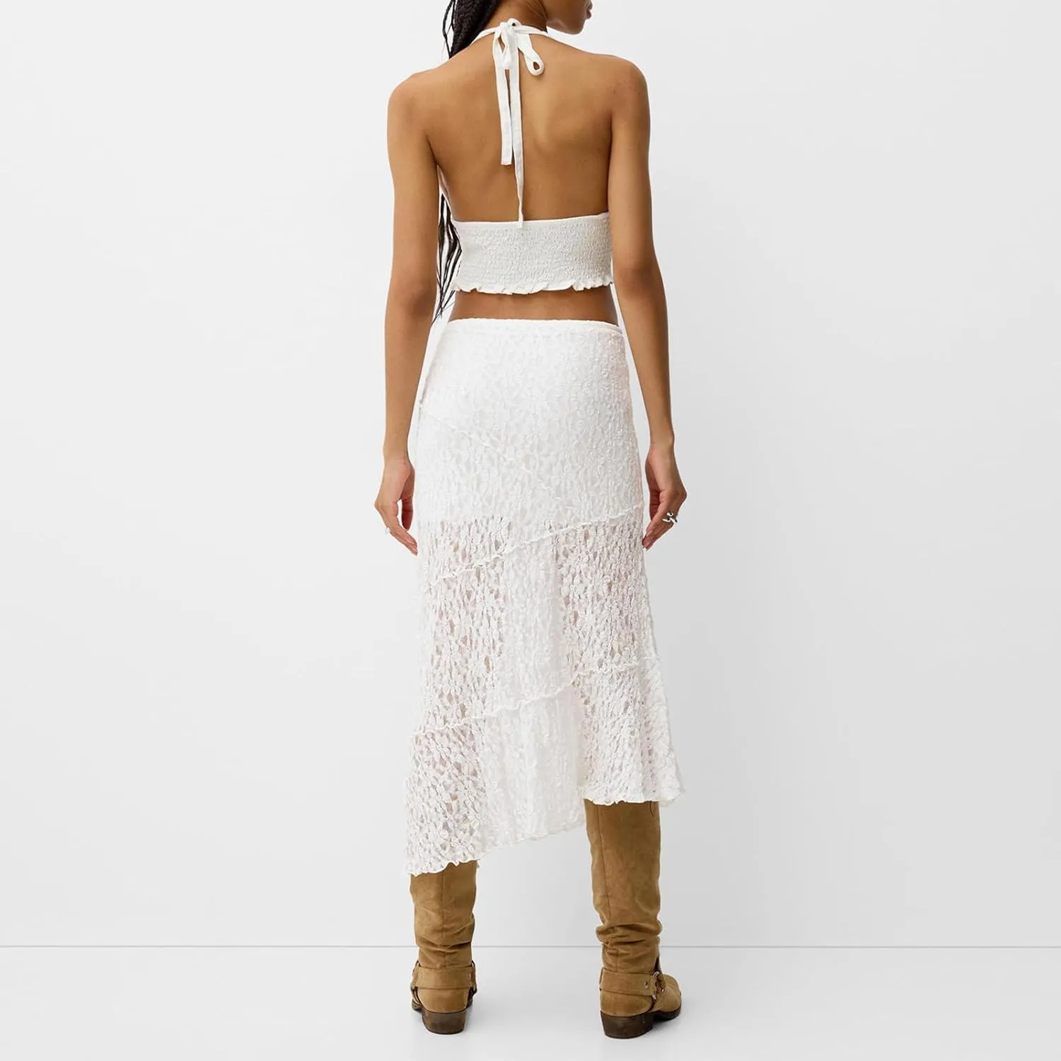 Womens Summer Lace Maxi Skirt Elastic Waist See Through Asymmetric Hem Beach Cover Up Floral Long Skirt