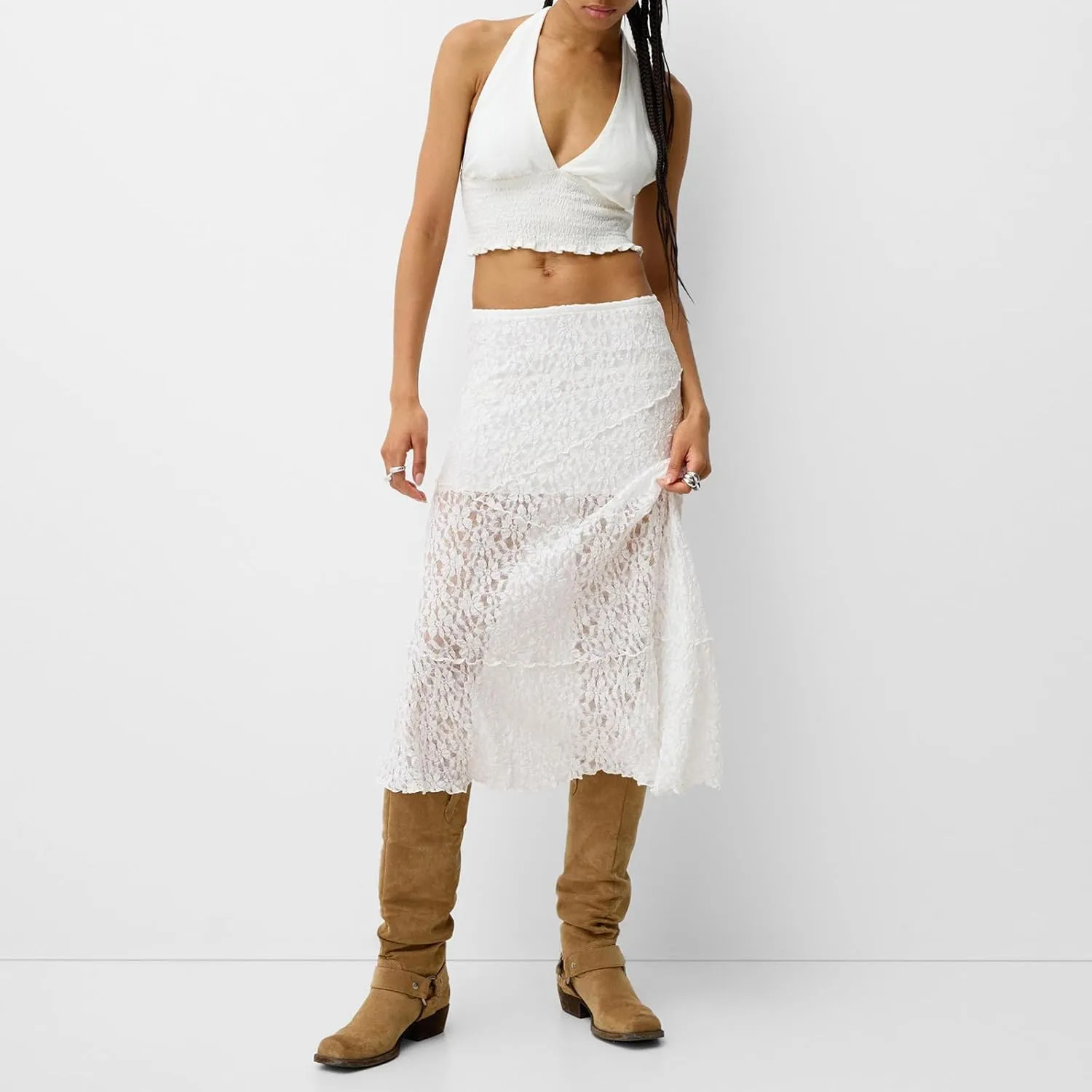 Womens Summer Lace Maxi Skirt Elastic Waist See Through Asymmetric Hem Beach Cover Up Floral Long Skirt