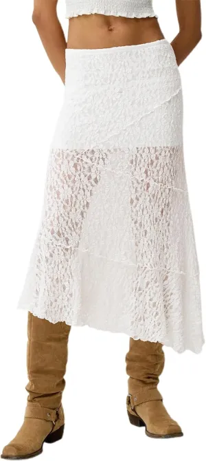 Womens Summer Lace Maxi Skirt Elastic Waist See Through Asymmetric Hem Beach Cover Up Floral Long Skirt