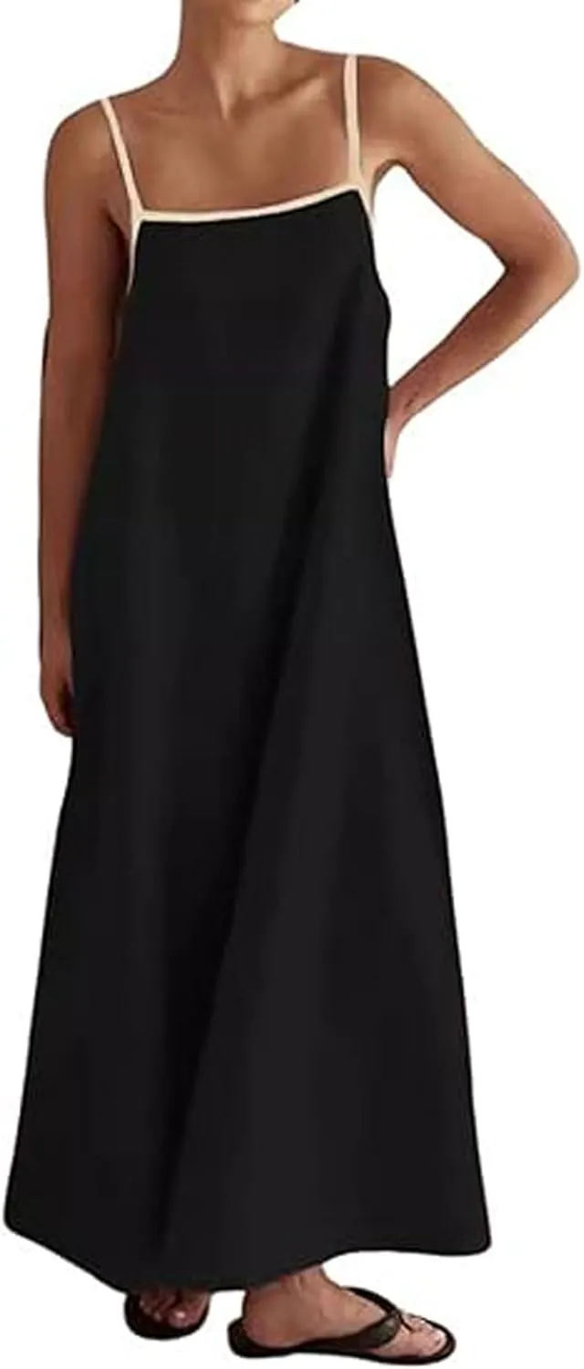 Womens Summer Linen Maxi Dress Contrast Trim Spaghetti Straps Backless Sleeveless Long Flowy Dresses