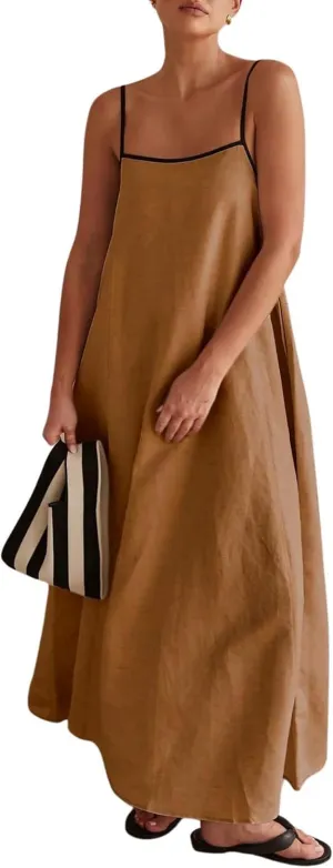 Womens Summer Linen Maxi Dress Contrast Trim Spaghetti Straps Backless Sleeveless Long Flowy Dresses