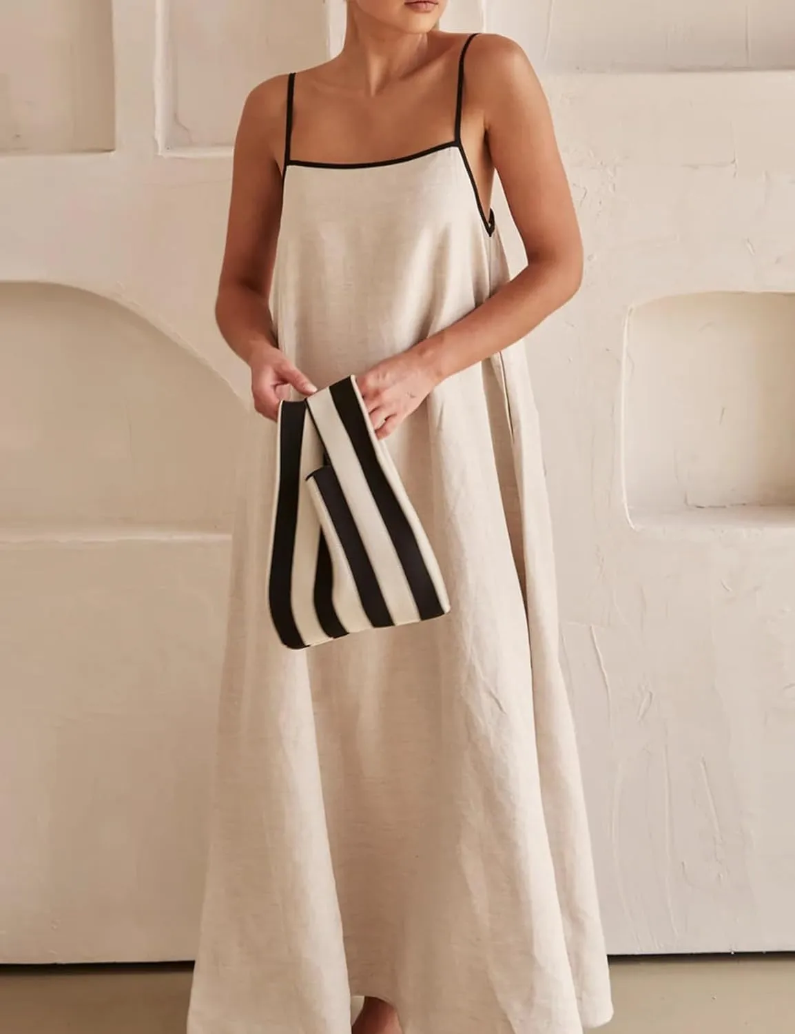 Womens Summer Linen Maxi Dress Contrast Trim Spaghetti Straps Backless Sleeveless Long Flowy Dresses