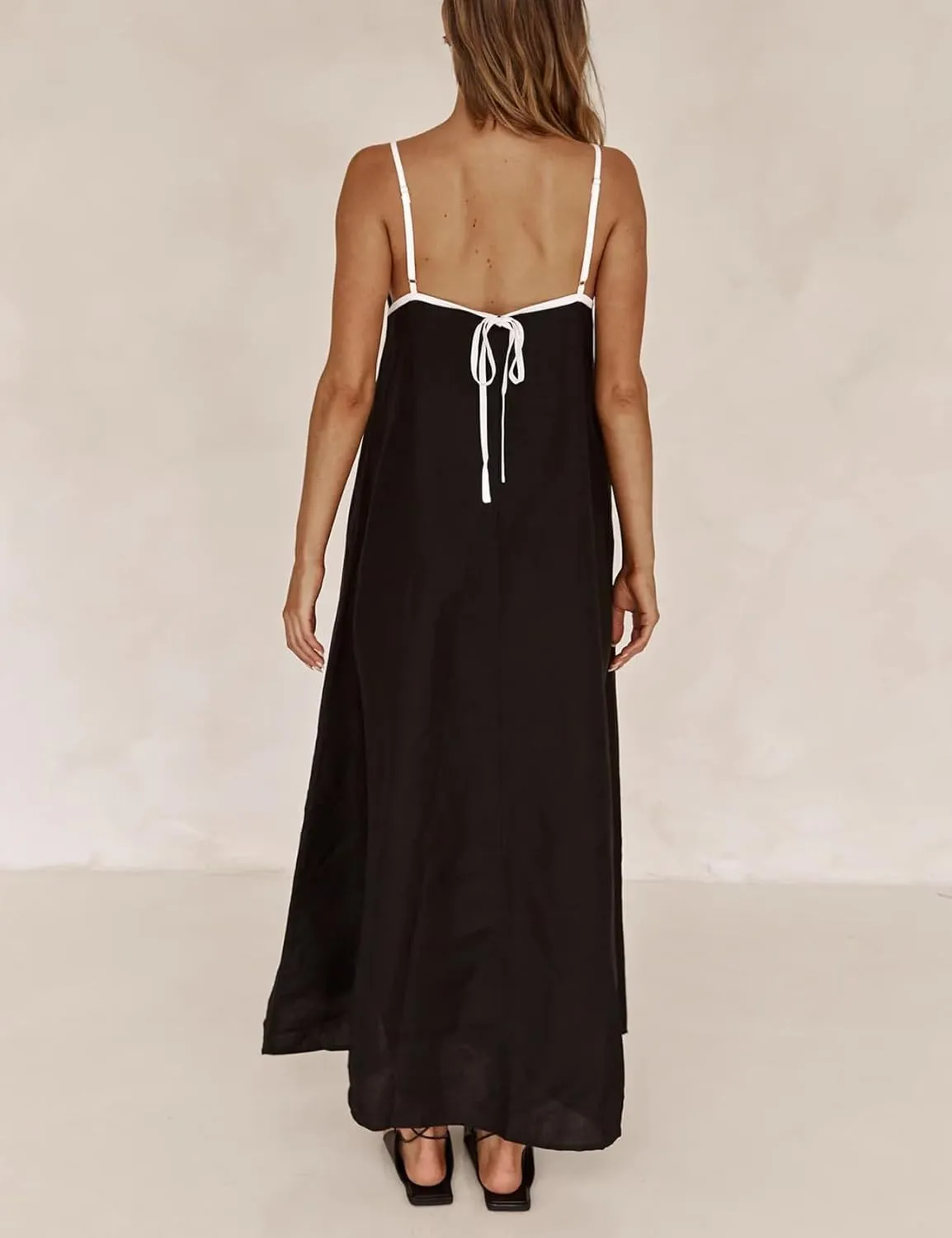 Womens Summer Linen Maxi Dress Contrast Trim Spaghetti Straps Backless Sleeveless Long Flowy Dresses